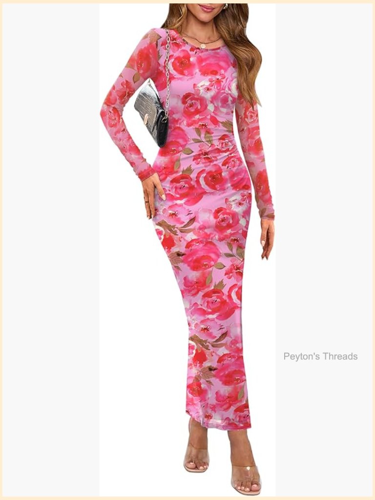 Bodycon Maxi Dress Long Sleeve Ruched Party Club Dresses